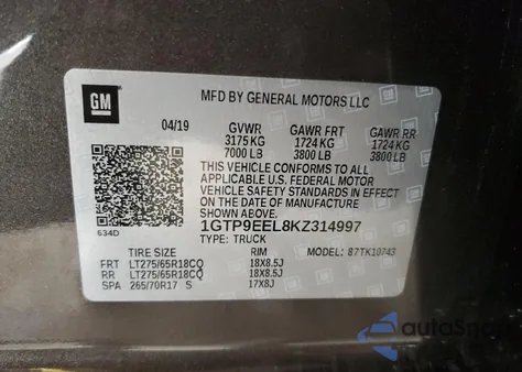 2019 GMC Sierra K1500 At4 z USA, uszkodzony, nr VIN 1GTP9EEL8KZ314997